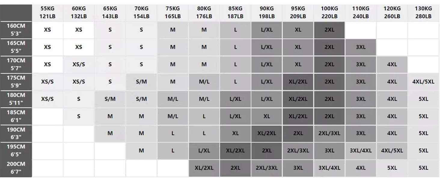 Size chart of the sauna suit 