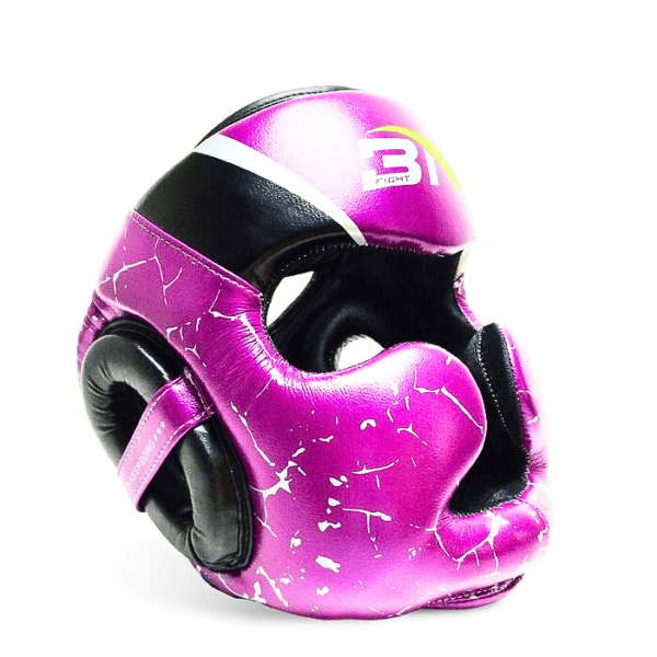 A purple boxing head guard supplied by 100 Spartans that can be used for mixed martial arts, muay thai, and taekwondo