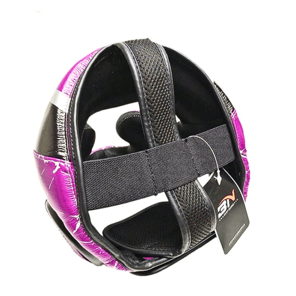 The top side of a purple boxing head guard supplied by 100 Spartans that can be used for mixed martial arts, muay thai, and taekwondo