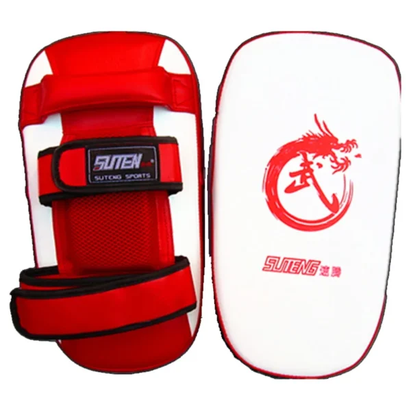 White and red Taekwondo kick pads sold n by 100 Spartans