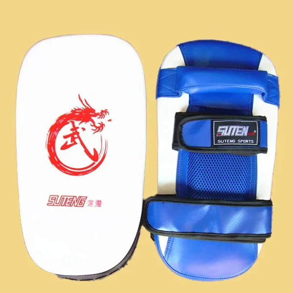 White and blue Taekwondo kick pads sold n by 100 Spartans