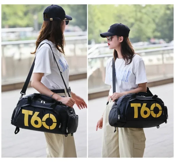 A lady carrying a black T60 series sport bag sold by hundred spartans