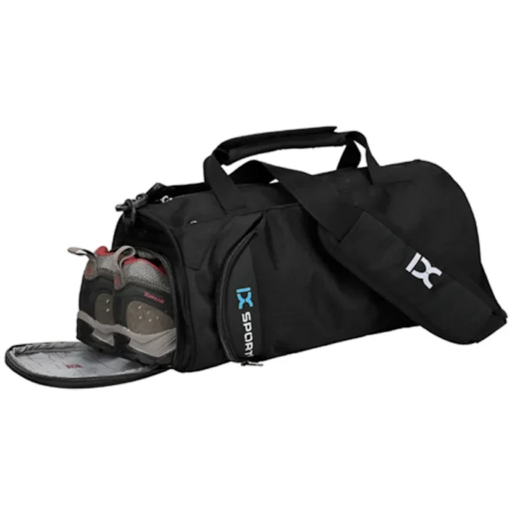 A black workout bag with a compartment that can fit a pair of sneakers designed by inoxto and sold by 100 spartans