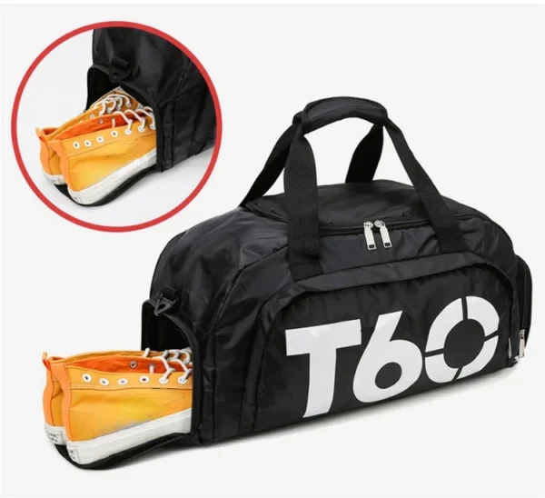 A black sport bag sold by Hundred Spartans with a side compartment for your shoes