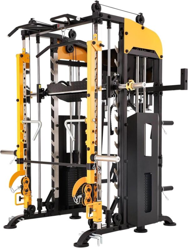 A yellow counterweight smith machine sold by 100 Spartans