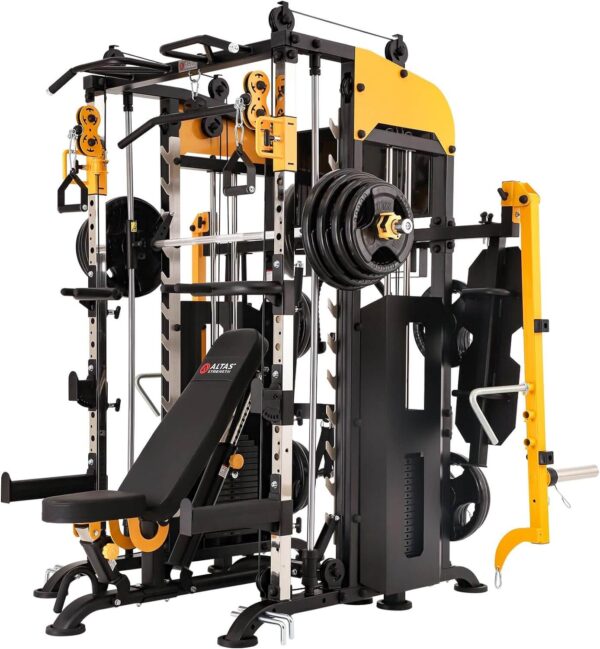 A yellow counterweight smith machine sold by 100 Spartans