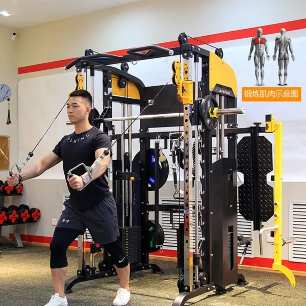 A man working out with a yellow counterweight smith machine sold by 100 Spartans