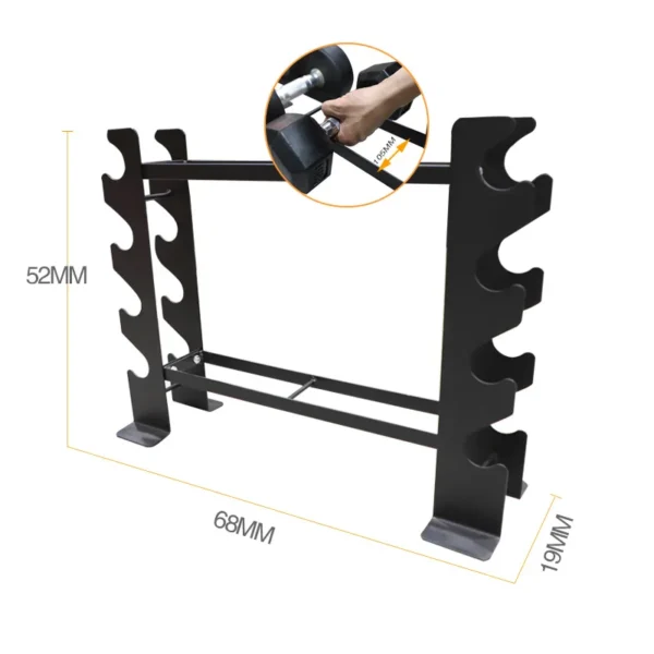 A dumbbell storage rack with different sizes of dumbbells on it