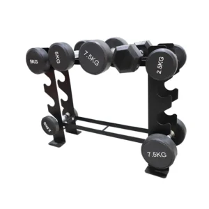 A dumbbell storage rack with different sizes of dumbbells on it