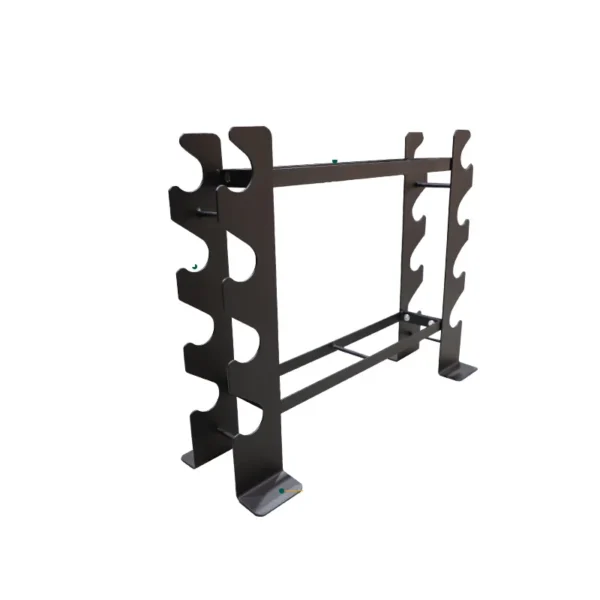 A dumbbell storage rack with different sizes of dumbbells on it