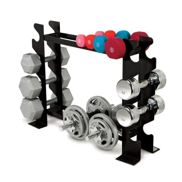 A dumbbell storage rack with different sizes of dumbbells on it