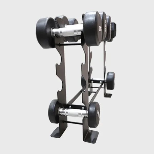 A dumbbell storage rack with different sizes of dumbbells on it