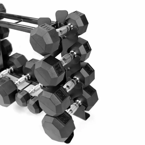 Different sizes of hexagonal dumbbells supplied by 100 Spartans, perfect for every gym