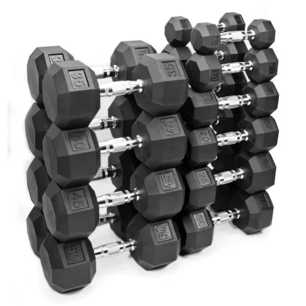 Different sizes of hexagonal dumbbells supplied by 100 Spartans, perfect for every gym