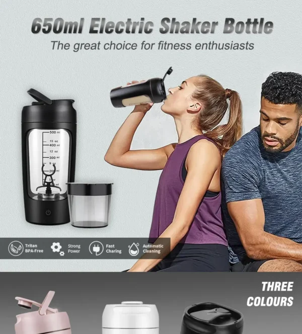 A man and a woman drinking out of a black blender bottle shakers sold by hundred spartans