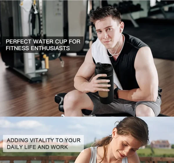 A man sitting down after a workout session holding a black blender bottle shakers sold by hundred spartans