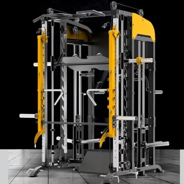 A yellow counterweight smith machine sold by 100 Spartans