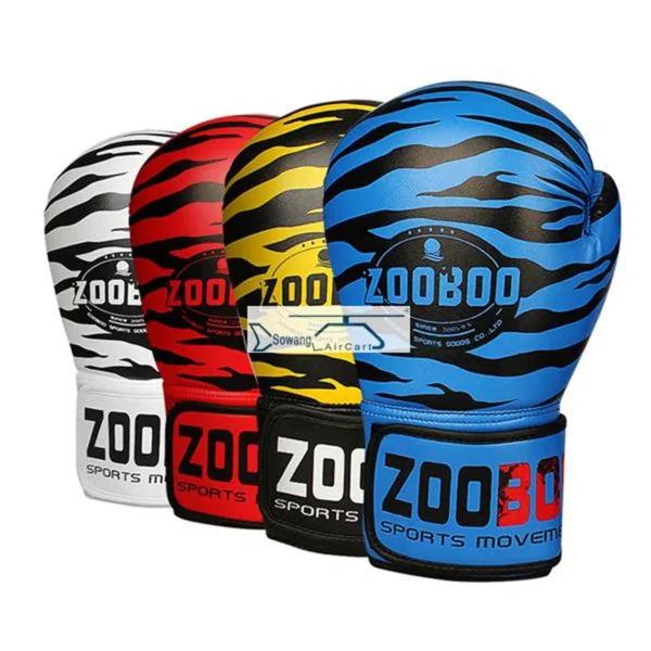 A pair of White, red, yellow and blue tiger stripes boxing gloves sold by 100 Spartans