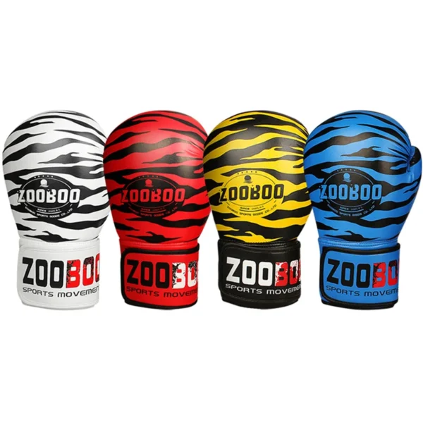 A pair of White, red, yellow and blue tiger stripes boxing gloves sold by 100 Spartans