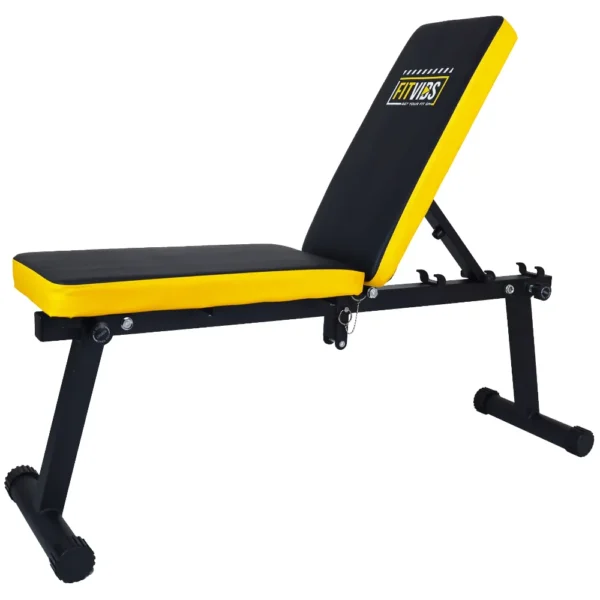 An inclined yellow FV Barbell Bench sold by 100 Spartans