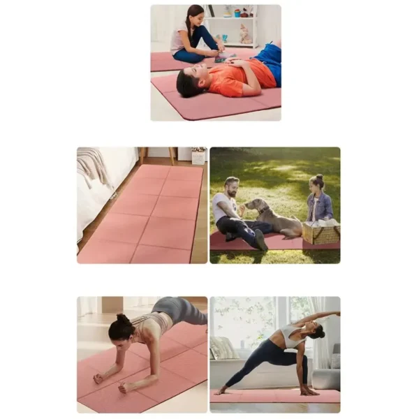 Different people using different foldable yoga mats for different things