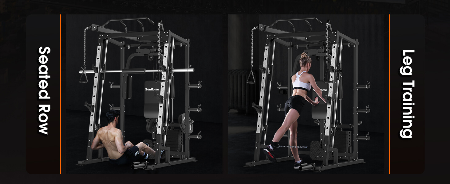 A man and a woman working out with a sunhome smith machine sold on 100 Spartans 