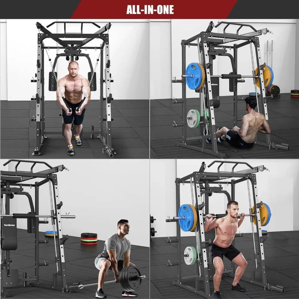 A man working out with a sunhome smith machine sold on 100 Spartans 