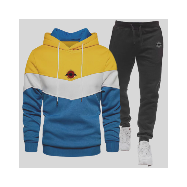 A yellow, white and blue multi-colored 2-pc men's tracksuit set sold by 100 Spartans