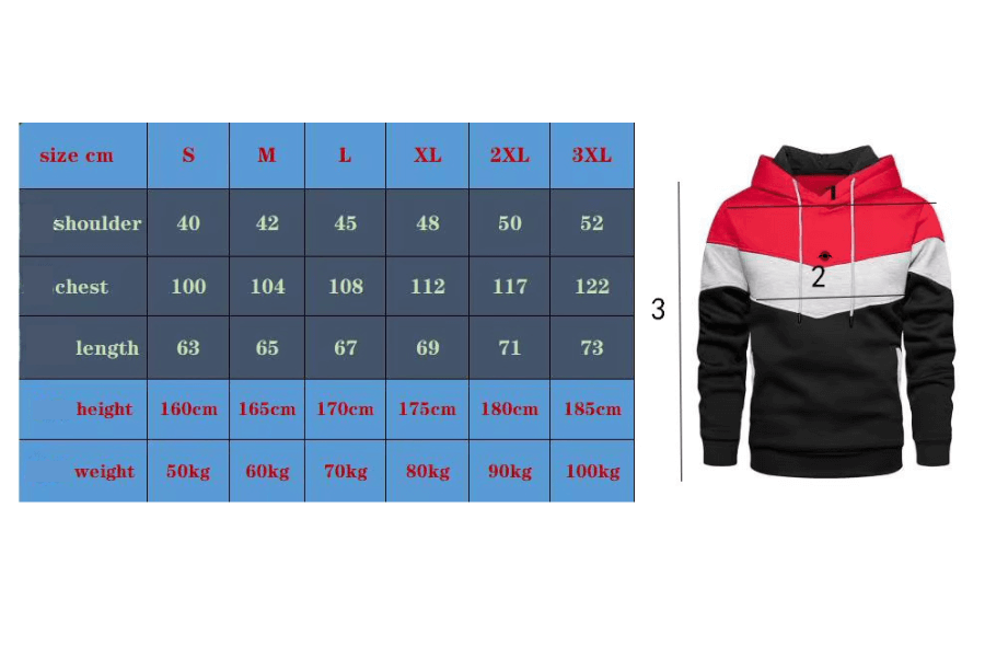 2 piece men's tracksuit size chart displayed on 100 Spartans