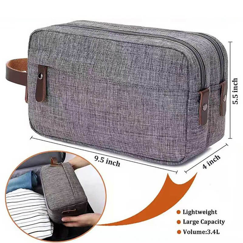 The dimension of a grey toiletry bag for men sold by 100 Spartans