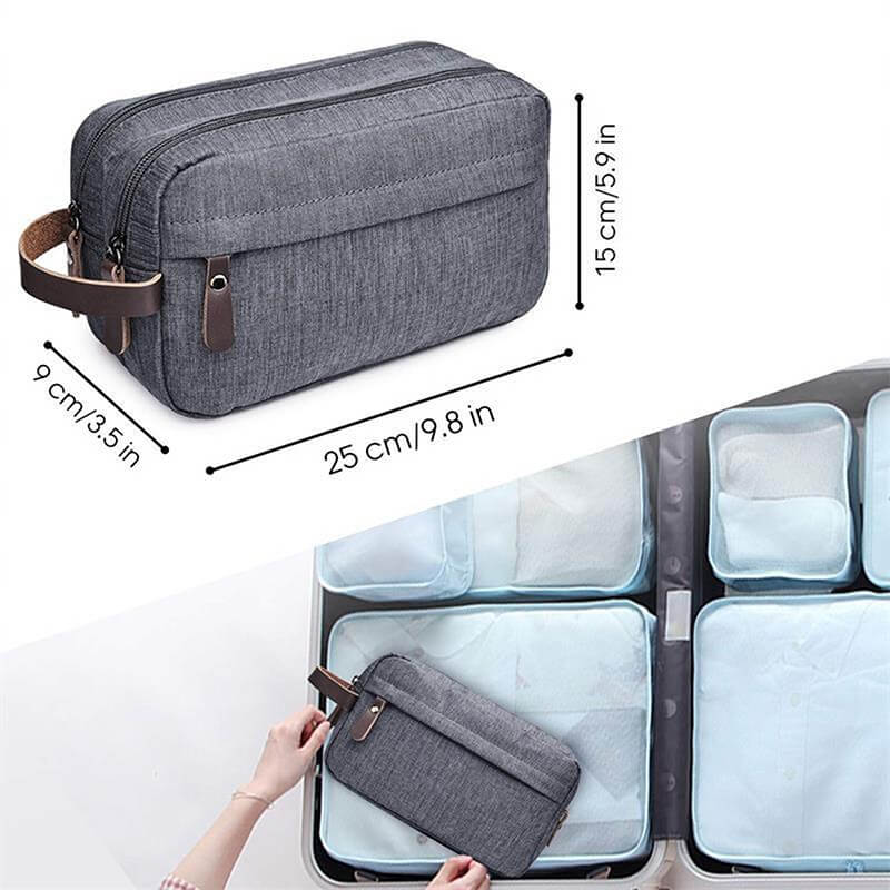 The dimension of a grey toiletry bag for men sold by 100 Spartans