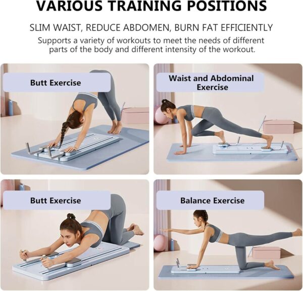 A woman doing different exercise routines with the pilates board sold on 100 Spartans