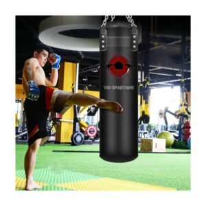 A man kicking a hangable punching bag sold on 100 Spartans