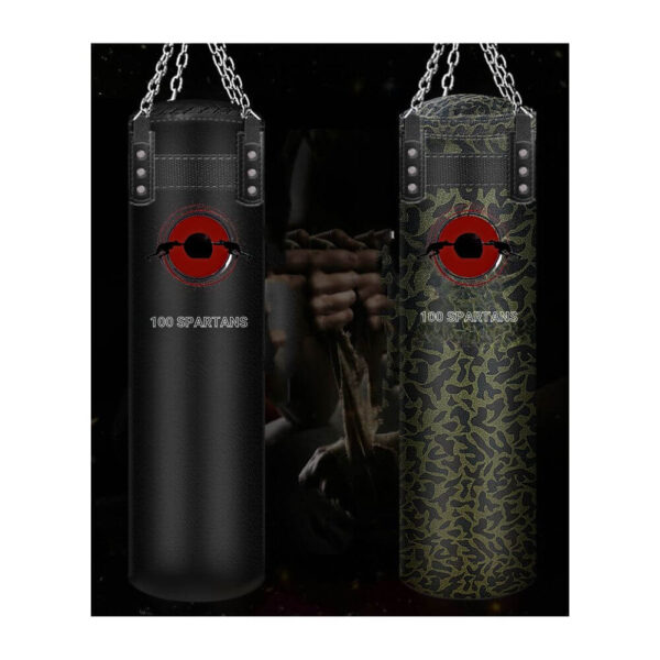 2 hangable punching bags, one black and another camouflage sold by 100 Spartans