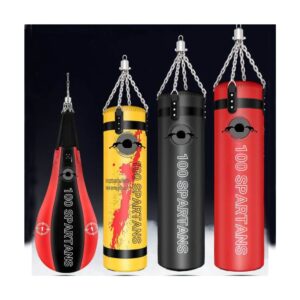 A red and black, yellow, black and red outdoor punching bags sold by 100 Spartans