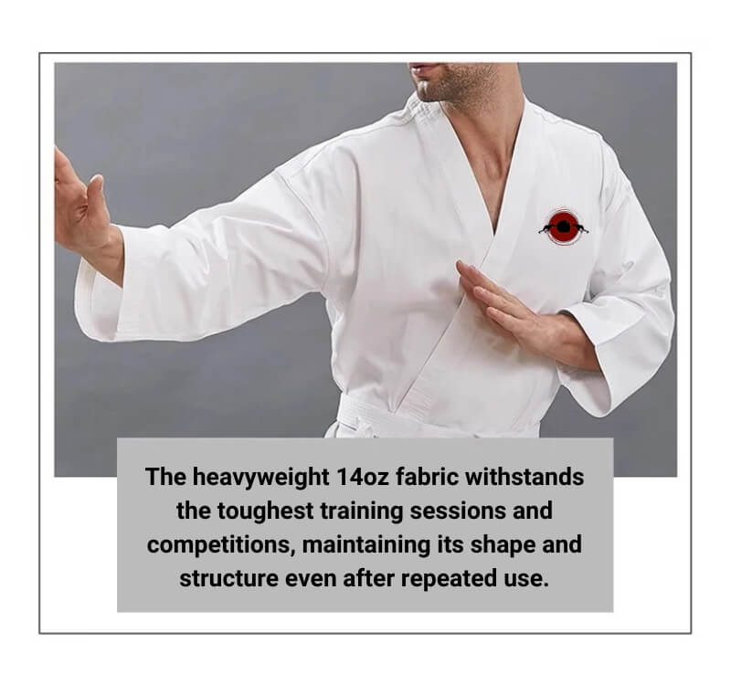 A 14oz heavy karate gi and white karate belt sold by 100 Spartans