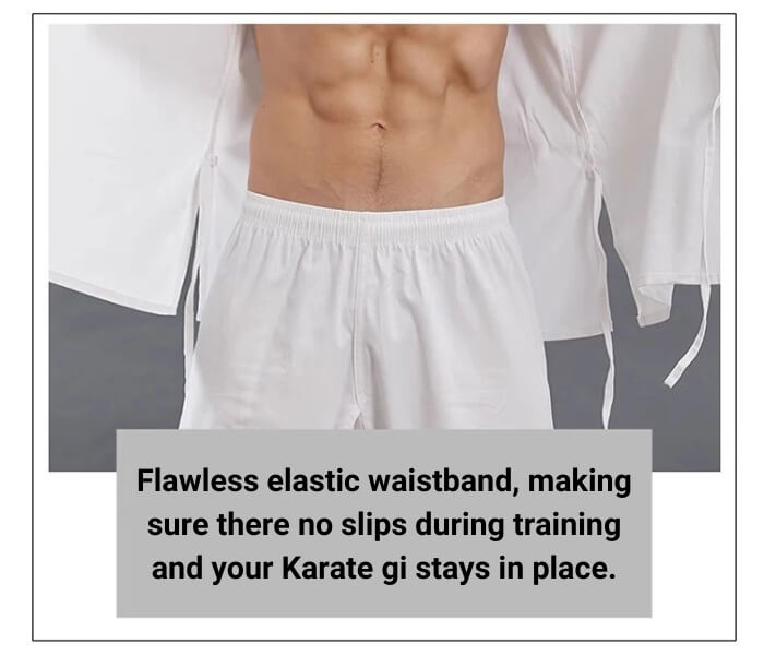 The elastic waistband of a 14oz heavy karate gi sold by 100 Spartans