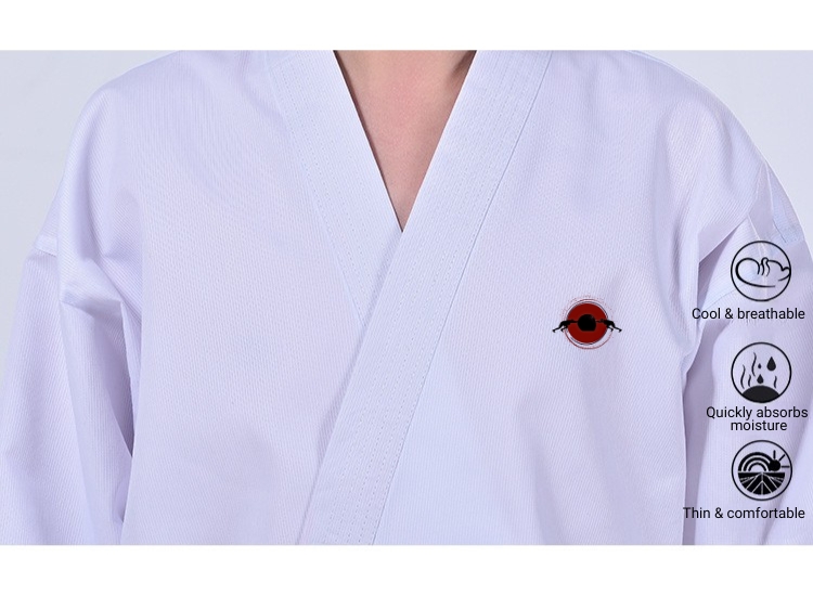 A white 9.5oz Kumite Karate Uniform sold by 100 Spartans