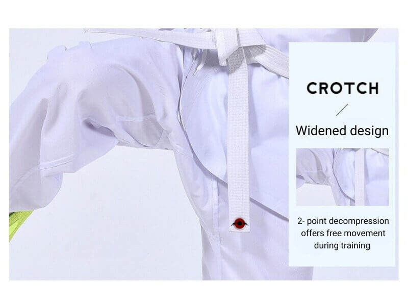 The crotch of a white 9.5oz Kumite Karate Uniform sold by 100 Spartans