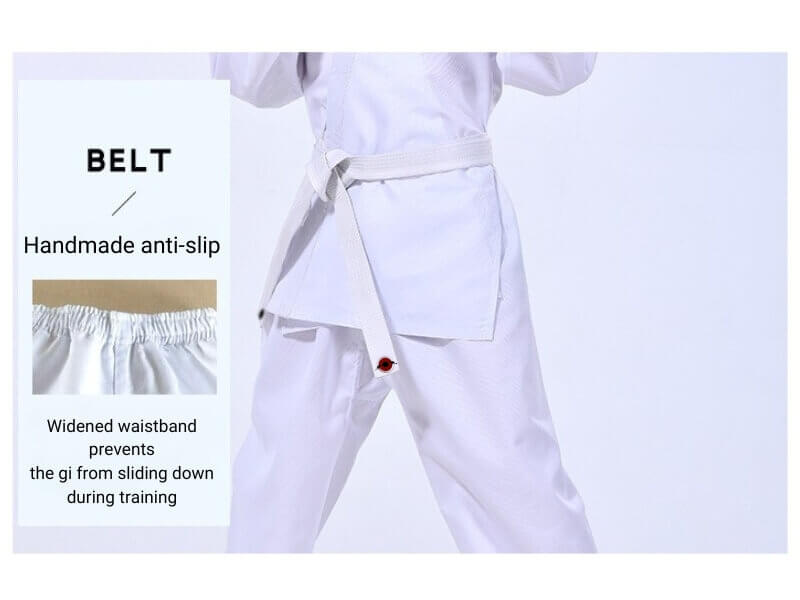 The belt of a white 9.5oz Kumite Karate Uniform sold by 100 Spartans