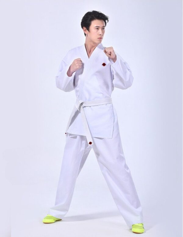 A white 9.5oz Kumite Karate Uniform sold by 100 Spartans