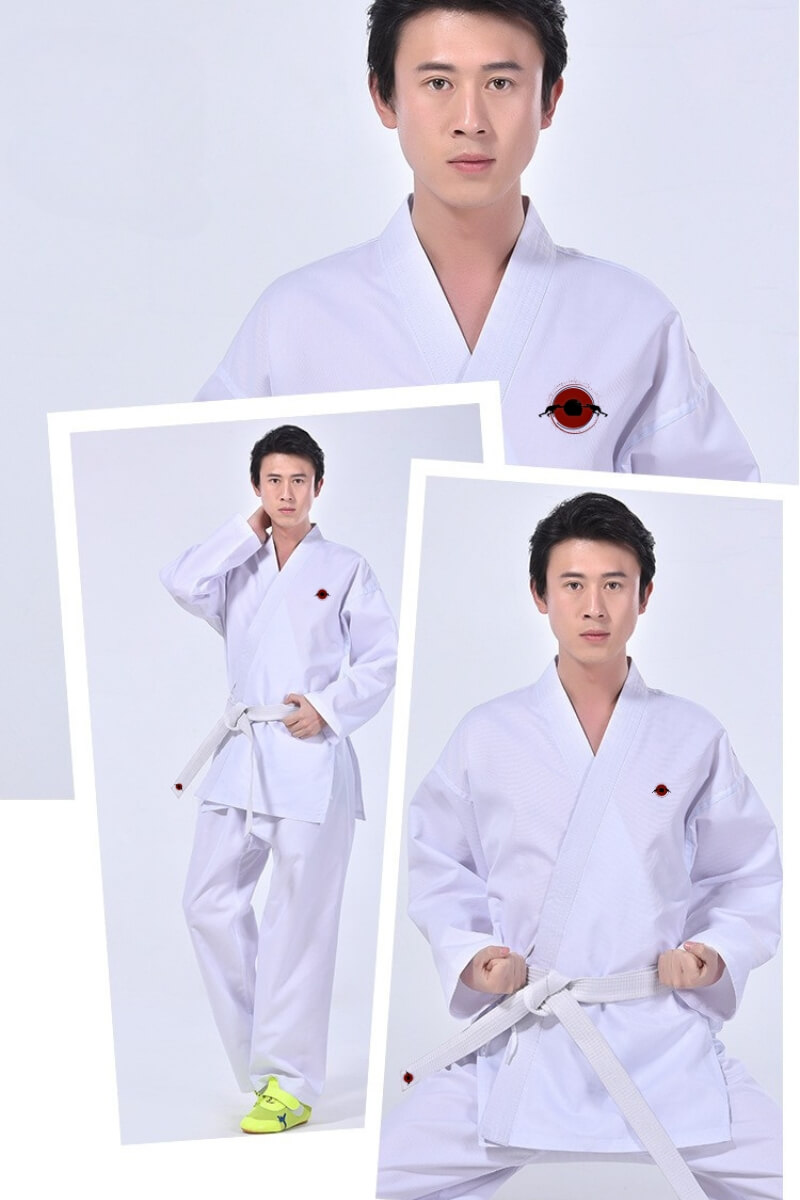 A white 9.5oz Kumite Karate Uniform sold by 100 Spartans