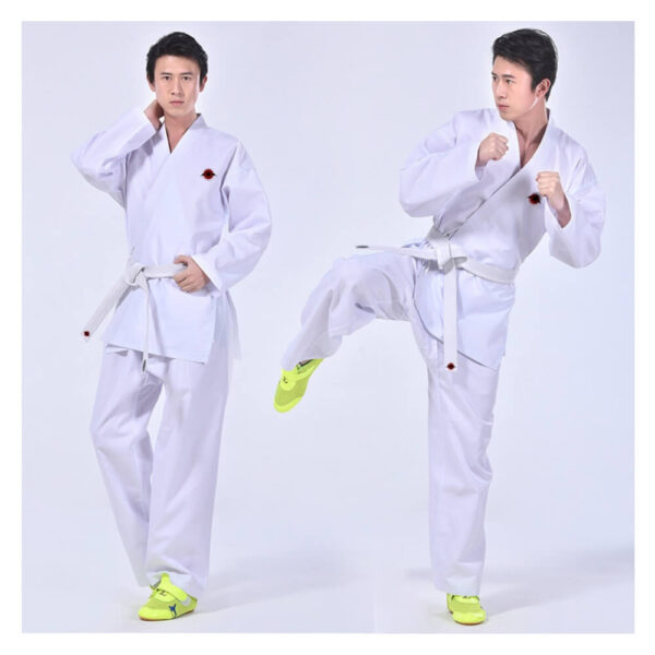 A man wearing a white 9.5oz Kumite Karate Uniform sold by 100 Spartans