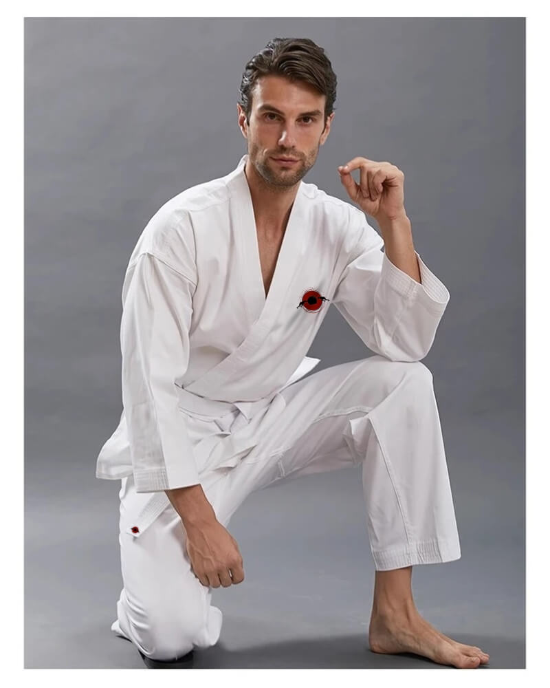 A 14oz heavy karate gi and white karate belt sold by 100 Spartans