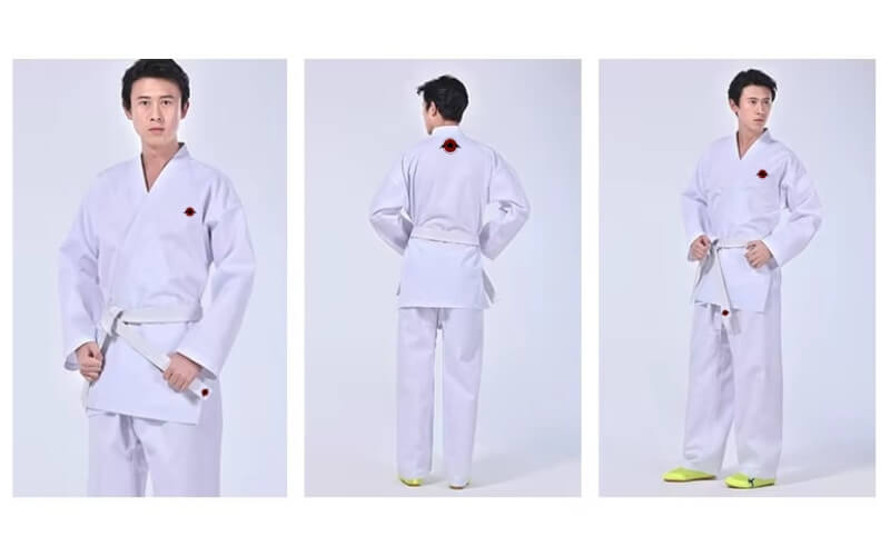 A white 9.5oz Kumite Karate Uniform sold by 100 Spartans