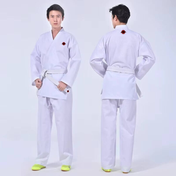 A white 9.5oz Kumite Karate Uniform sold by 100 Spartans