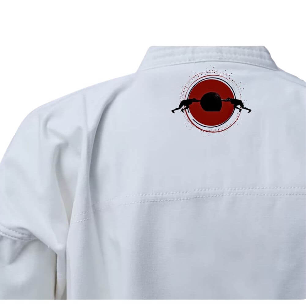 The back view of a white karate gi sold on 100 Spartans