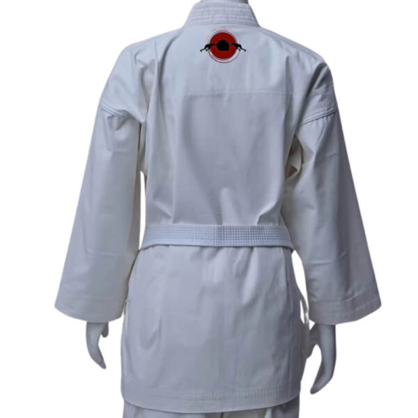 The back view of a white karate gi sold on 100 Spartans