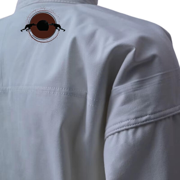 The back view of a white karate gi sold on 100 Spartans