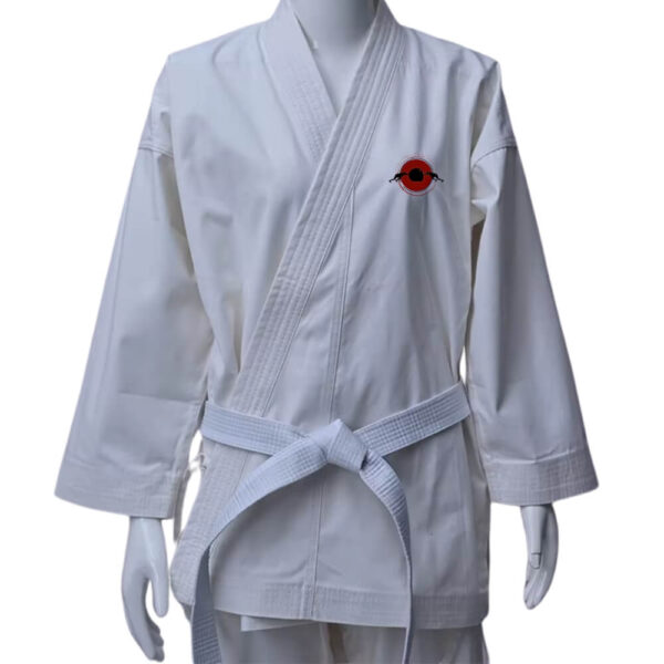 The front view of a white karate gi sold on 100 Spartans